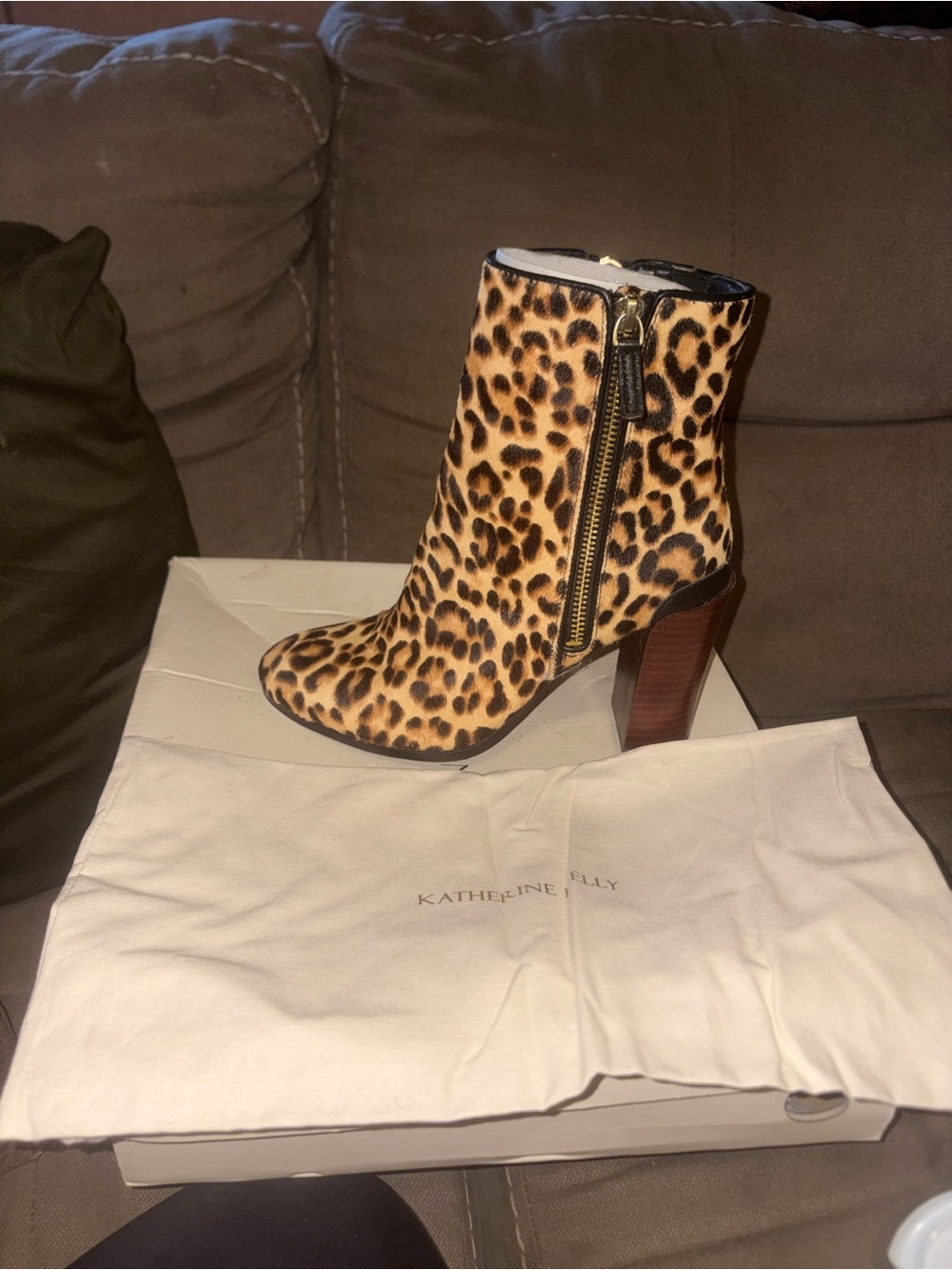 Katherine Kelly Leopard-Print Ankle Boot in Tan/Black
